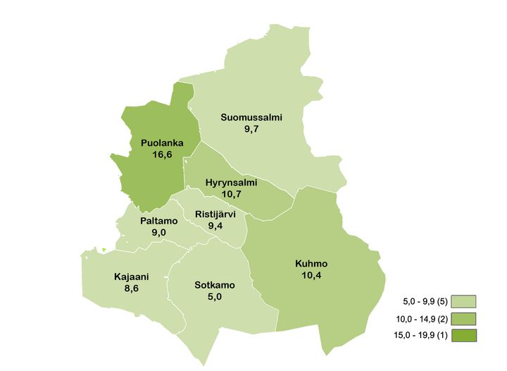 Karttakuvassa työttömien työnhakijoiden osuus on esitetty kunnittain prosenttilukuina.