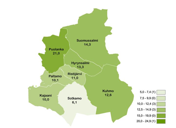 Kuvassa näkyy Kainuun kartta, jossa on kunnittain merkitty työttömien työnhakijoiden osuus työvoimasta kunnittain.