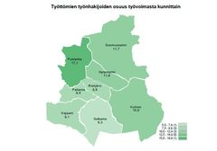 Karttakuva Kainuun työttömien työnhakijoiden osuudesta toukokuussa 2024.