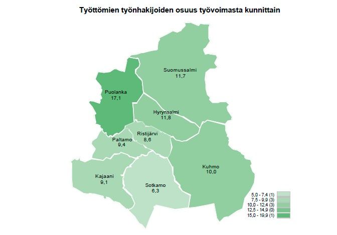 Karttakuva Kainuun työttömien työnhakijoiden osuudesta toukokuussa 2024.