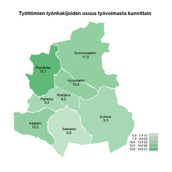 Graafinen kartta työttömien työnhakijoiden osuus työvoimasta Kainuun kunnissa kesäkuussa 2024.