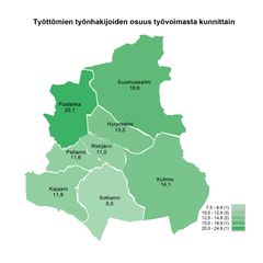 Kainuun kartta, joka näyttää työttömien työnhakijoiden osuuden työvoimasta kunnittain helmikuussa 2025.
