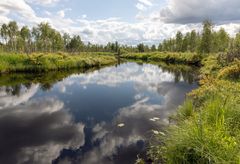 Jokimaisema metsän ympäröimänä, jossa pilvet heijastuvat veden pinnasta.