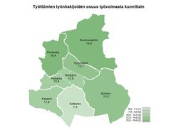 Kartta Kainuun kunnista, jossa esitetään työttömien työnhakijoiden osuus työvoimasta prosentteina. Esim. Suomussalmi 15,0 % ja Kajaani 10,6 %.
