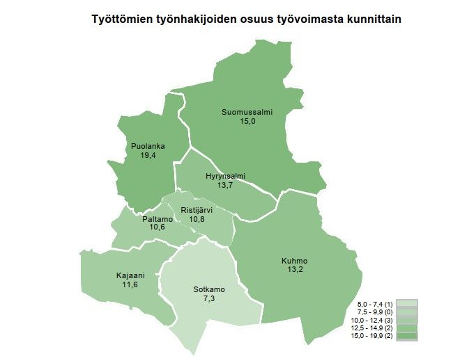 Kartta Kainuun kunnista, jossa esitetään työttömien työnhakijoiden osuus työvoimasta prosentteina. Esim. Suomussalmi 15,0 % ja Kajaani 10,6 %.