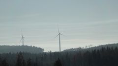 Kaksi tuulivoimalaa metsäisessä maisemassa.