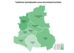 Kainuun kartta, jossa on kuvattu työttömien työnhakijoiden osuus työvoimasta kunnittain. Kunkin kunnan prosenttiosuus on merkitty numeroin; suurimmat luvut ovat Kuhmossa (18,0 %) ja pienimmät Paltamossa (11,0 %).
