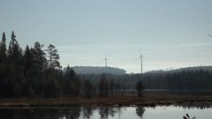 Kaksi tuulivoimalaa metsäisessä maisemassa järven rannalla.