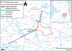 Kartta Louhenkankaan hankealueesta ja sen etäisyydet lähimpiin kuntakeskuksiin. Mukana alueen rajaus, sähkönsiirtoreitit ja sähköasemat.