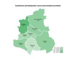Kainuun kartta, joka näyttää työttömien työnhakijoiden osuuden työvoimasta eri kunnissa toukokuussa 2025.