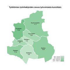 Kartta Kainuun kuntien työttömyysprosentista kesäkuussa 2025. Eri värisävyt kuvaavat työttömien työnhakijoiden osuuksia.
