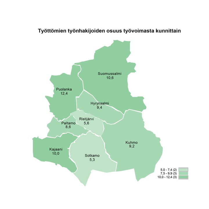 Kartta Kainuusta, joka näyttää työttömien työnhakijoiden osuuden työvoimasta kunnittain elokuussa 2025. prosenttiosuudet vaihtelevat 5,0:sta 12,4:ään.