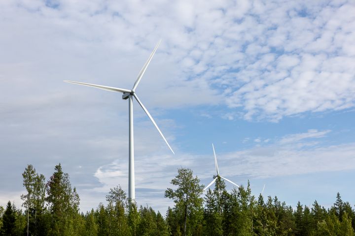 Kaksi tuulivoimalaa metsäisellä alueella kirkkaan taivaan alla.