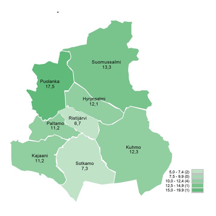 Kartta, joka näyttää työttömien työnhakijoiden osuuden Kainuun kunnissa marraskuussa 2025.