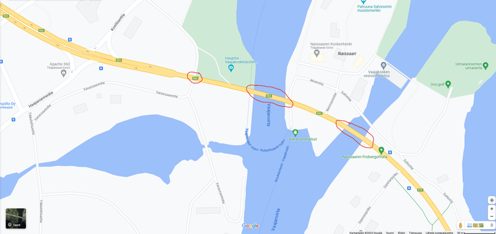 Sillat on ympyröity karttaan punaisella viivalla.
