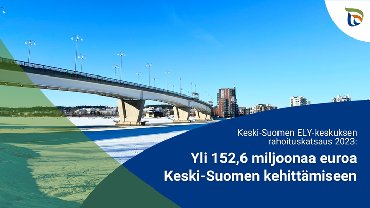 Kuokkalan silta Jyväskylässä, teksti Keski-Suomen ELY-keskuksen rahoituskatsaus 2023: yli 152,6 miljoonaa euroa Keski-Suomen kehittämiseen.