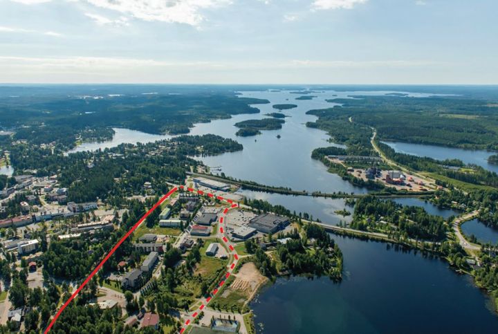 Ilmakuva, johon merkitty parannuskohteet ja kiertotie.