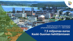 Maisemakuva Jyväskylästä, teksti "Keski-Suomen ELY-keskuksen yritysrahoituskatsaus 1.1.-30.6.2024: 7,5 miljoonaa euroa Keski-Suomen kehittämiseen. ELY-keskuksen logo.