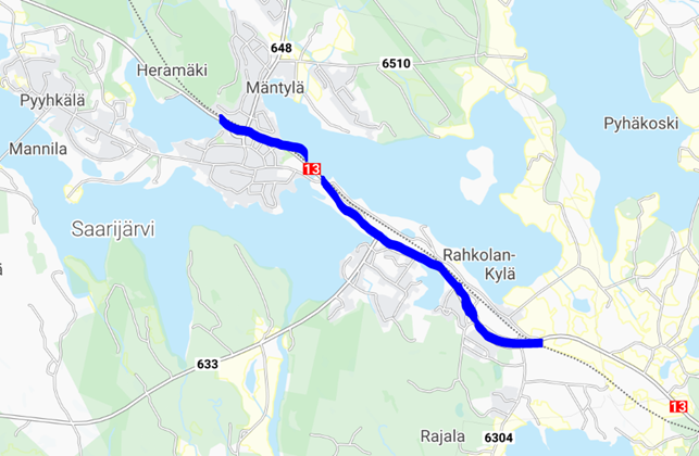 Kartassa sinisellä paksulla värillä on merkittynä pylväiden uusimisen työalue.