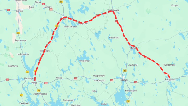 Kartta%20n%E4ytt%E4%E4%20raskaan%20liikenteen%20kiertoreitin%2C%20joka%20kulkee%20Virrat-%C4ht%E4ri-Multia-Pet%E4j%E4vesi.%20Reitti%20on%20merkitty%20punaisella%20katkoviivalla.