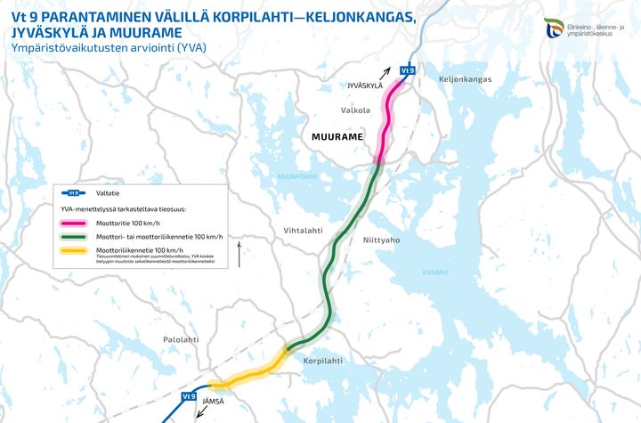 YVA-menettelyssä tarkasteltava tieosuus on merkittynä karttaan.