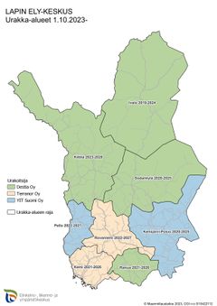 Karttakuva, jossa maanteiden hoidosta vastaavat urakoitsijat Lapissa. Kittilän, Sodankylän, Ranuan ja Ivalon alueen urakoitsijana Destia Oy. Rovaniemen ja Kemin alueen urakoitsijana Terranor Oy. Pellon ja Kemijärvi-Posion alueen urakoitsijana YIT Suomi Oy.