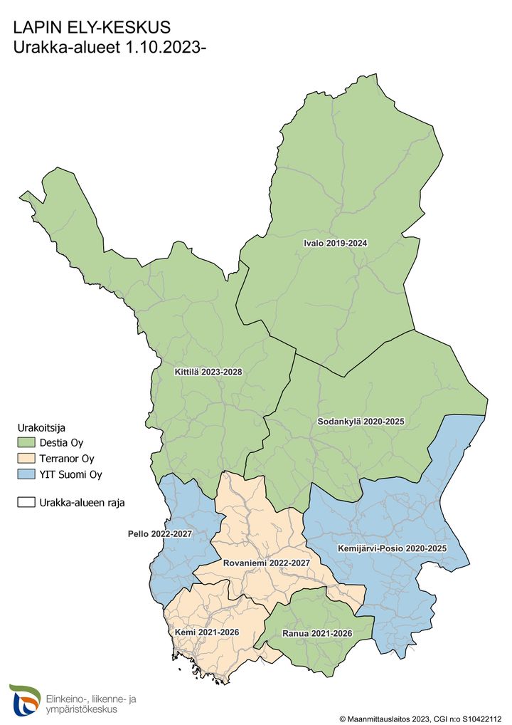 Karttakuva, jossa maanteiden hoidosta vastaavat urakoitsijat Lapissa. Kittilän, Sodankylän, Ranuan ja Ivalon alueen urakoitsijana Destia Oy. Rovaniemen ja Kemin alueen urakoitsijana Terranor Oy. Pellon ja Kemijärvi-Posion alueen urakoitsijana YIT Suomi Oy.