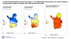 Lapin vuotuisten keskilämpötilojen muutos vertailukausien 1961-1990 ja 1991-2020 välillä.