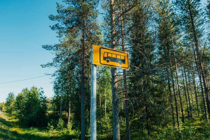 Linja-autopysäkin merkki, taustalla metsää.