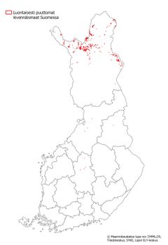Selvityksessä laadittu vihjeaineisto luontaisesti puuttomien kivennäismaiden sijainnista Suomessa maakunnittain. Hallinnolliset rajat -aineistot 1:4 500 000 mittakaavassa (Lähde: Maanmittauslaitos, Tilastokeskus).