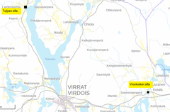 Karttakuva Tulijoki ja Vironkoski siltojen sijainnista kartalla.