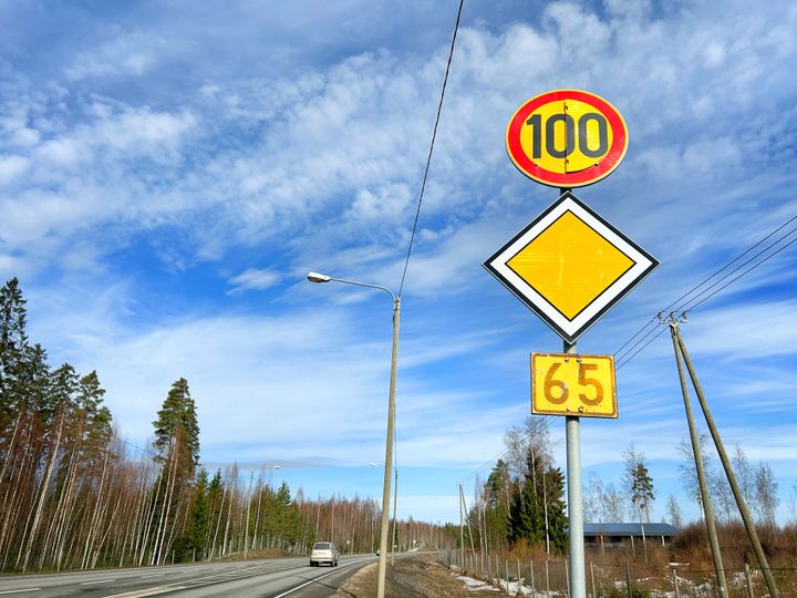 Liikennemerkki, jossa 100 km/h nopeusrajoitus keväisessä kelissä.