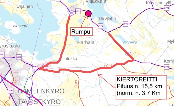 Kartta rummun sijainnista ja kiertoreitistä.