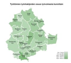 Työttömyysasteet kunnittain kartalla Pirkanmaalla, lokakuu 2025