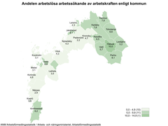 Andelen arbetslösa arbetssökande av arbetskraften enligt kommun.