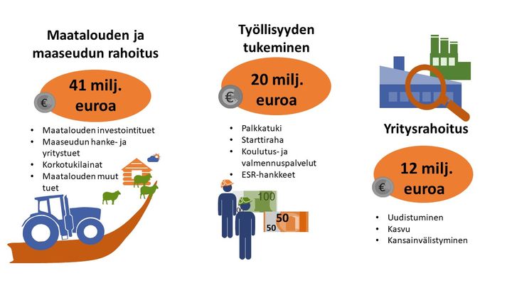 Kuvituskuvaa rahoitusten jakautumisesta. Lukuja ja selitteitä.