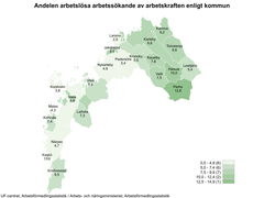 Andelen arbetslösa arbetssökande av arbetskraften enligt kommun. Larsmo 2,5 Jakobstad 9,5 Pedersöre 3,4 Nykarleby 4,9 Korsholm 3,8 Vasa 8,8 Malax 4,3 Korsnäs 7,4 Närpes 4,7 Kaskö 11,6 Kristinestad 6,5 Vörå 5,9 Laihela 7,3 Kronoby 5,5 Karleby 9,8 Kannus 9,2 Toholampi 8,6 Kaustby 7,6 Vetil 7,5 Halsua 10,0 Lestijärvi 5,4 Perho 12,6 Lähde: UF-centret, Arbetsförmedlingsstatistik / Arbets- och näringsministeriet, Arbetsförmedlingsstatistik 4o
