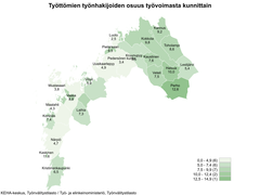 Kunnat ja luvut:  Luoto 2,5  Pietarsaari 9,5  Pedersören kunta 3,4  Uusikaarlepyy 4,9  Mustasaari 3,8  Vaasa 8,8  Maalahti 4,3  Korsnäs 7,4  Närpiö 4,7  Kaskinen 11,6  Kristiinankaupunki 6,5  Vöyri 5,9  Laihia 7,3  Kruunupyy 5,5  Kokkola 9,8  Kannus 9,2  Toholampi 8,6  Kaustinen 7,6  Veteli 7,5  Halsua 10,0  Lestijärvi 5,4