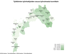 Työttömien työnhakijoiden osuus työvoimasta kunnittain