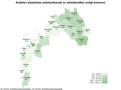 Andelen arbetslösa arbetssökande av arbetskraften enligt kommun