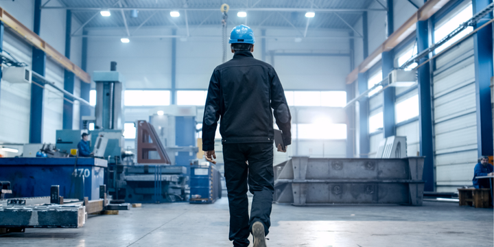 En arbetare går i en industrilokal med en blå skyddshjälm på huvudet och en surfplatta i handen. I bakgrunden syns maskiner och andra arbetare