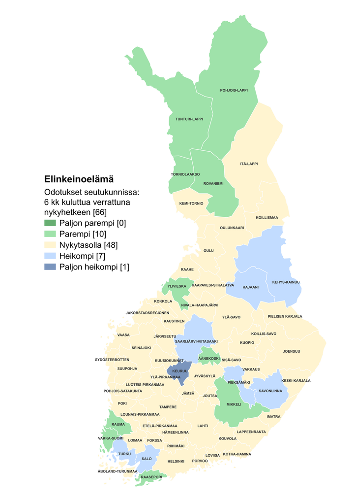 Elinkeinoelämän odotukset seutukunnittain verrattuna nykyhetkeen puolen vuoden päästä.