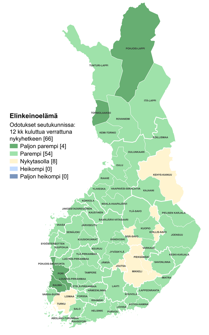 Elinkeinoelämän odotukset seutukunnissa 12 kk kuluttua verrattuna nykyhetkeen. Kuva: työ- ja elinkeinoministeriö.