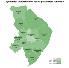 Työttömien työnhakijoiden osuus työvoimasta kunnittain lokakuu 2025 Pohjois-Karjala.