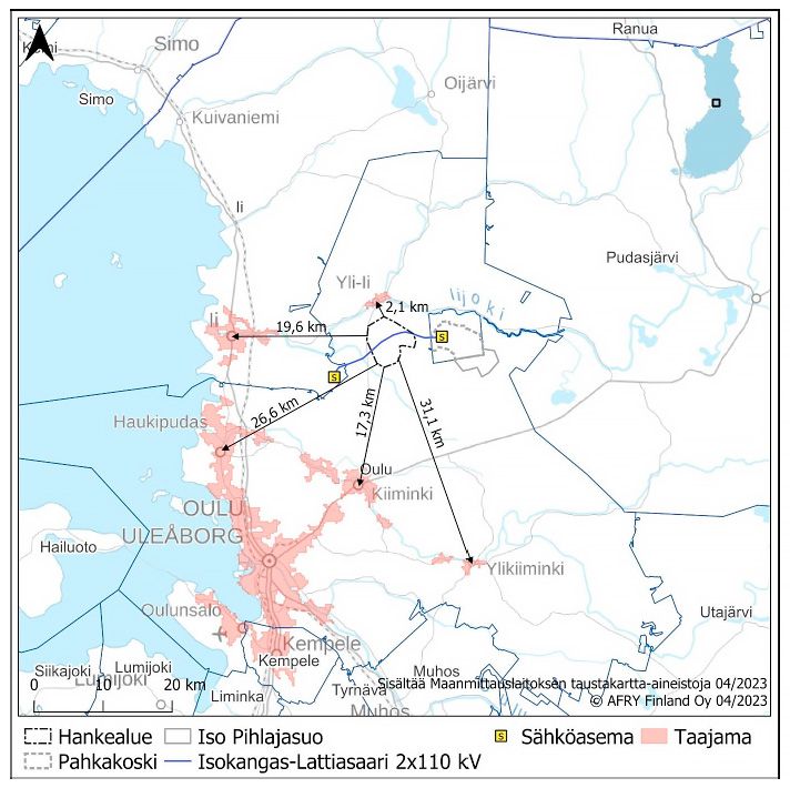 Hankealueen ja läheisten Pahkakosken ja Iso Pihlajasuon tuulivoimahankkeiden sijainti.