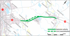 Karttaan on merkitty nykyinen valtatie 20 ja uusi maastokäytävä.