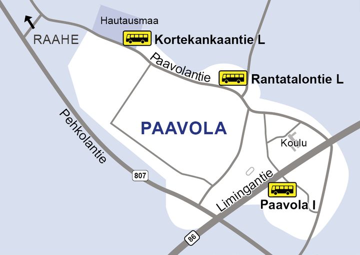 Paavolan kartta, johon on merkitty tiet ja bussipysäkit.