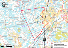 Malakakankaan tuulipuiston rajaus ja sijainti, voimajohdon suunniteltu linjaus ja sähköaseman likimääräinen sijainti.