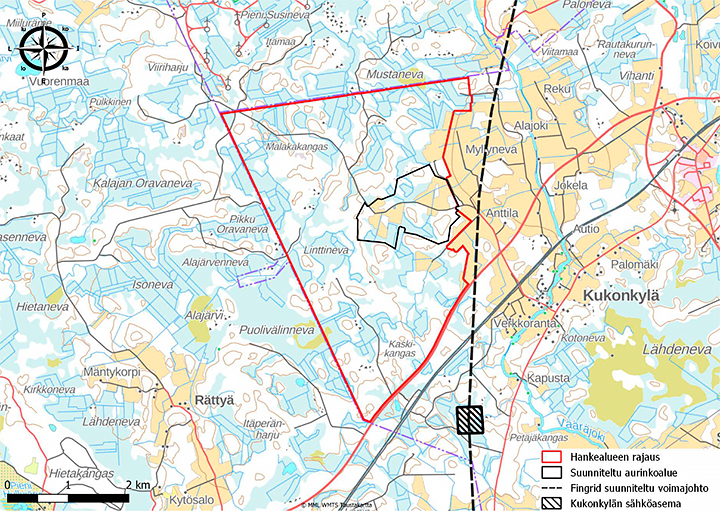 Malakakankaan tuulipuiston rajaus ja sijainti, voimajohdon suunniteltu linjaus ja sähköaseman likimääräinen sijainti.