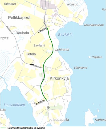 Pyhäjärven kartalle on merkitty suunniteltava jalankulku- ja pyöräilytie.